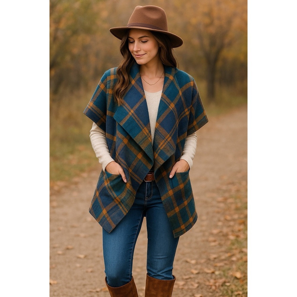 Natural Reflections plaid vest blue mustard, 100% acrylic, rustic‎ boho style M